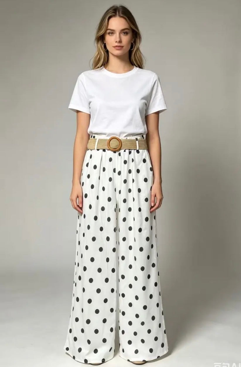 Leichte Polka Dots Stoffhose mit Gürtel