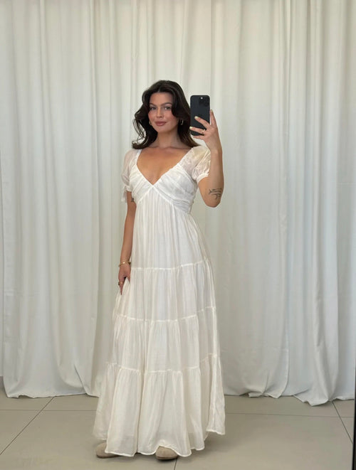 Aurora Maxi Kleid mit V-Ausschnitt & Puffärmeln