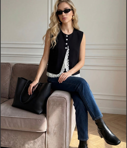 Ärmelloses Spitzentop mit Steine