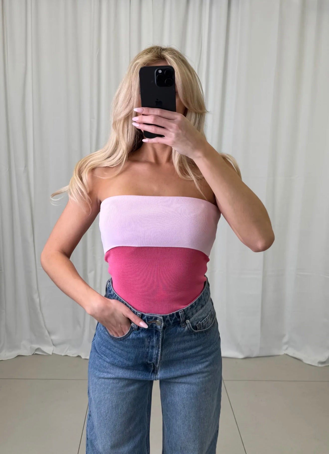 Geripptes Bandeau Top Zweifarbig