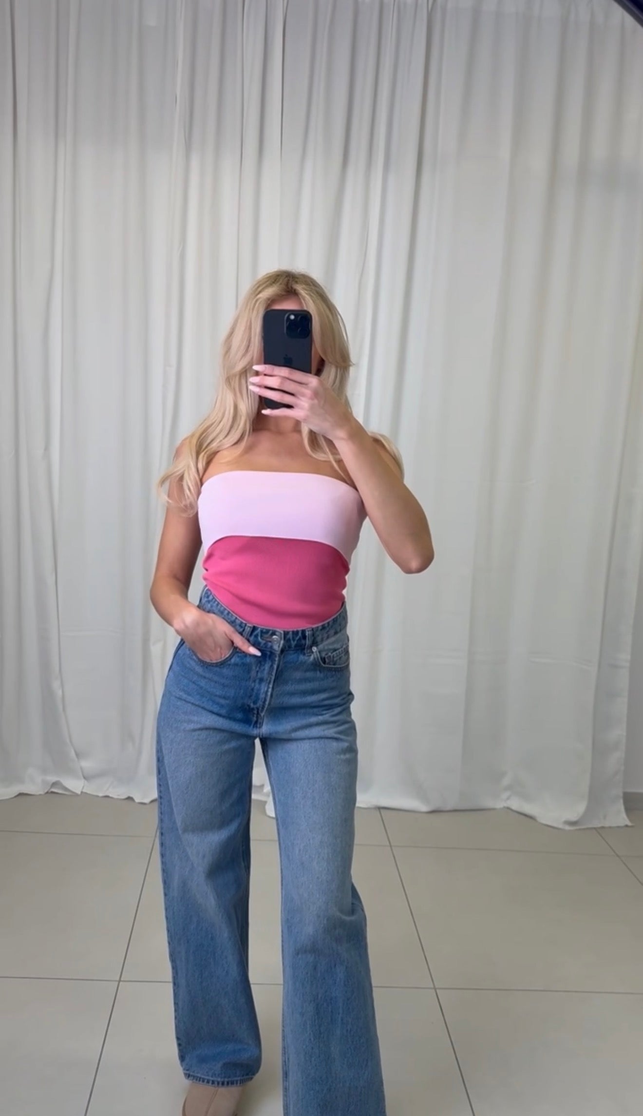 Geripptes Bandeau Top Zweifarbig