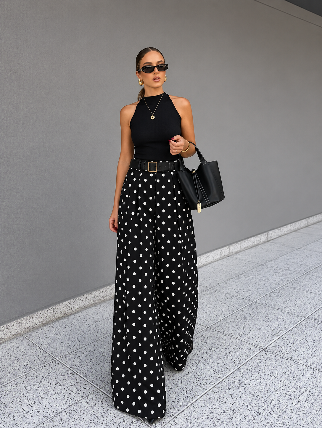 Weite gepunktete Hose mit Gürtel